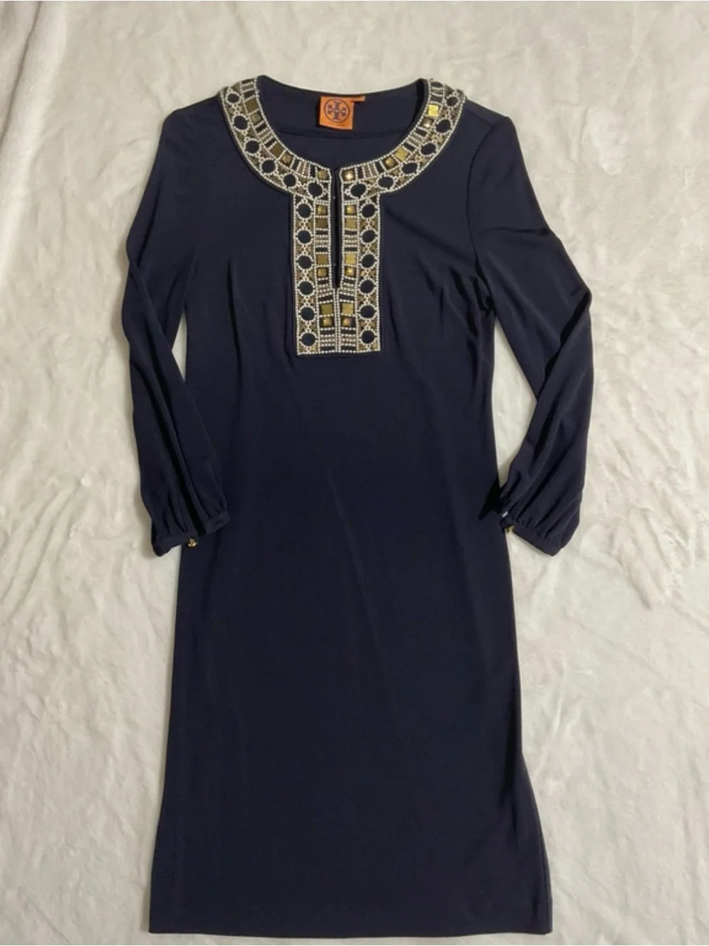 Tory Burch Navy Long-Sleeve Shift Dress with Gold-Cream Embellished Yoke- kaftan